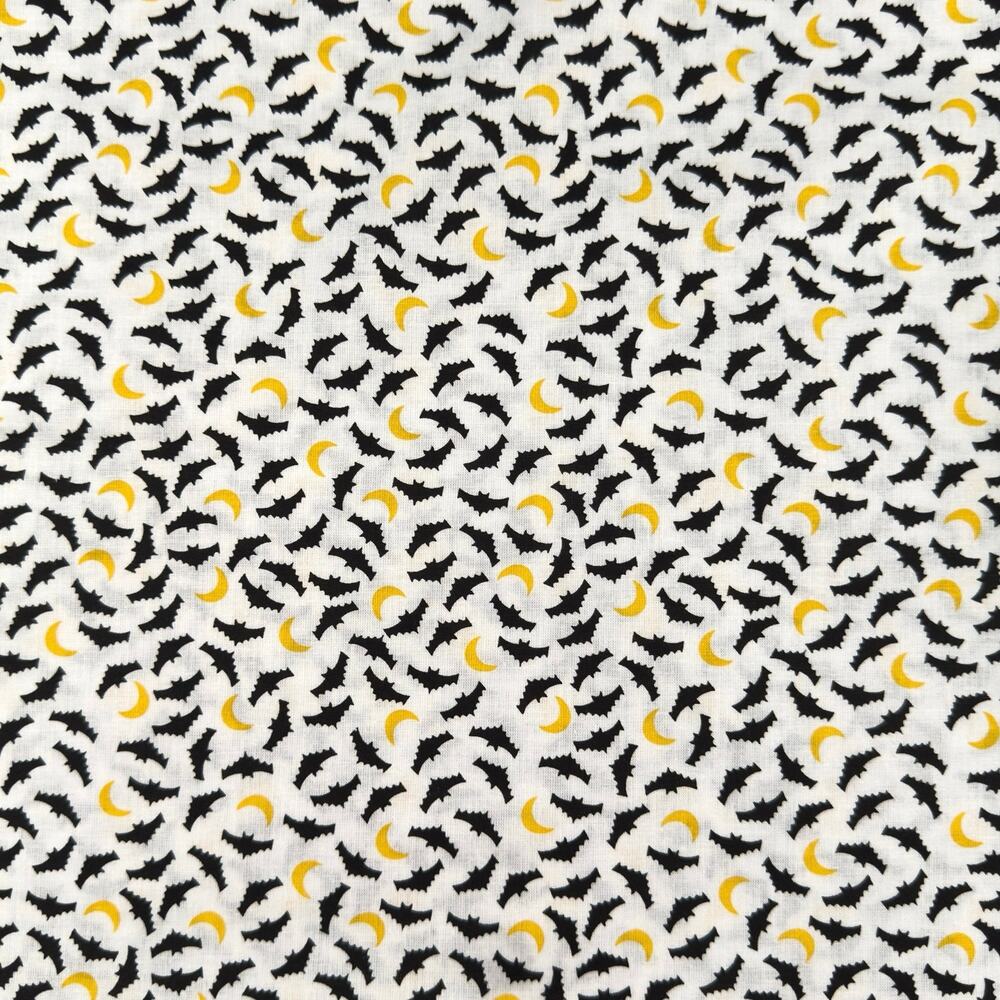 Mini Yellow Moons & Black Bats on White Halloween Cotton Fabric - 1/2 yard